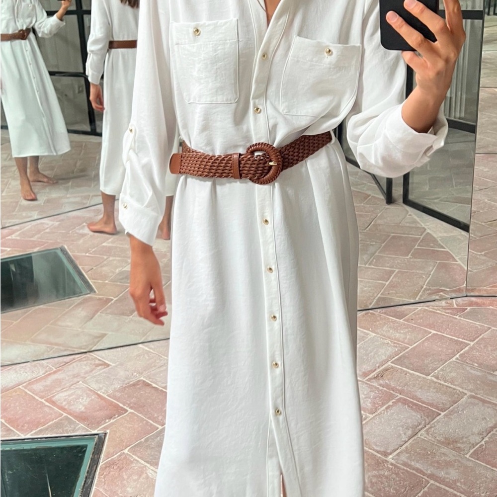 Zara White Long Sleeve Button-Front Shirt Dress with Brown Woven Belt - Picture 2 of 7